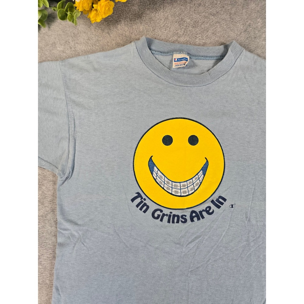 Champion Tshirt Medium Light Blue Vintage 70s Smiley Braces Tin Grins Are In